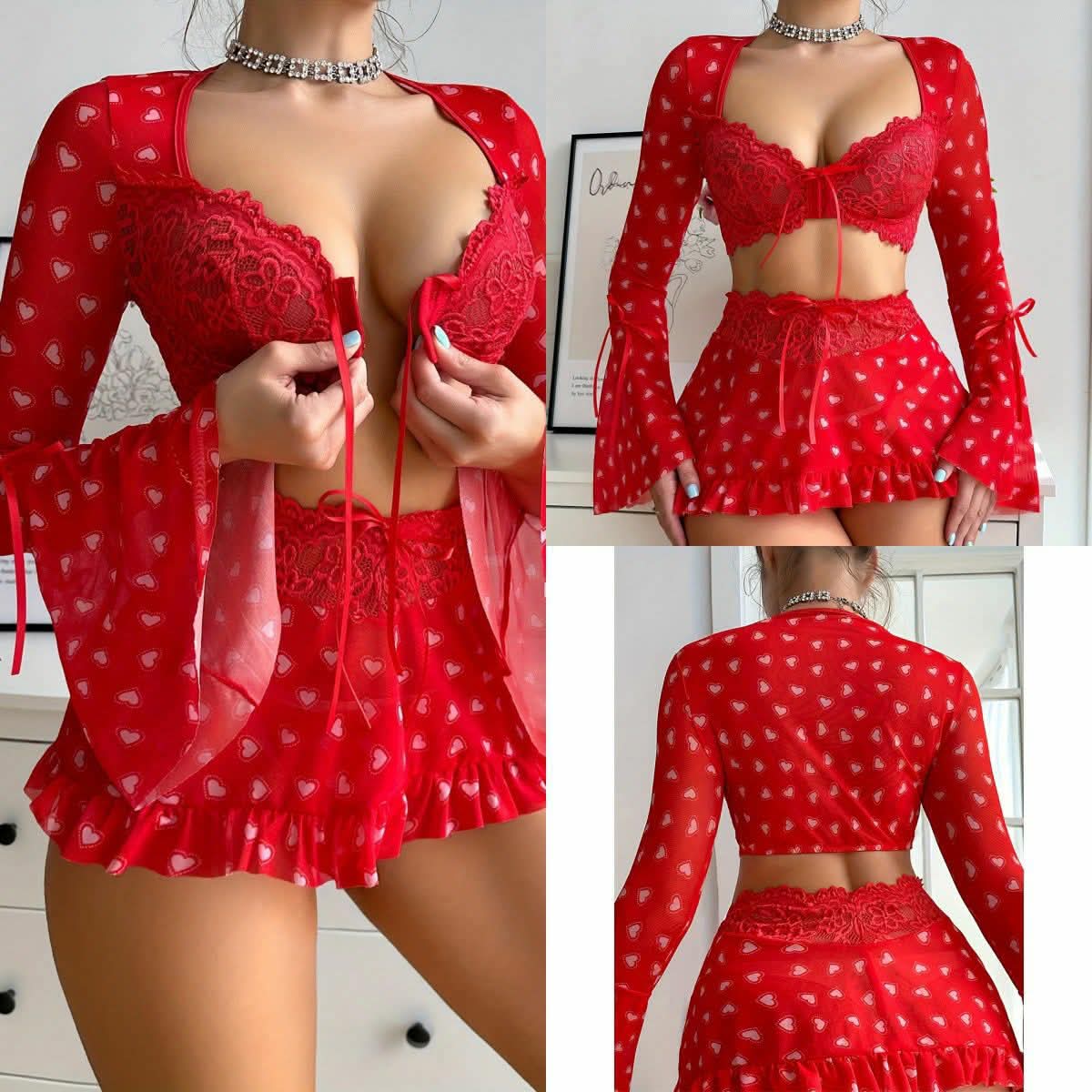 Red Heart-Print Lace Top & Ruffled Mini Skirt Set (Nighty)