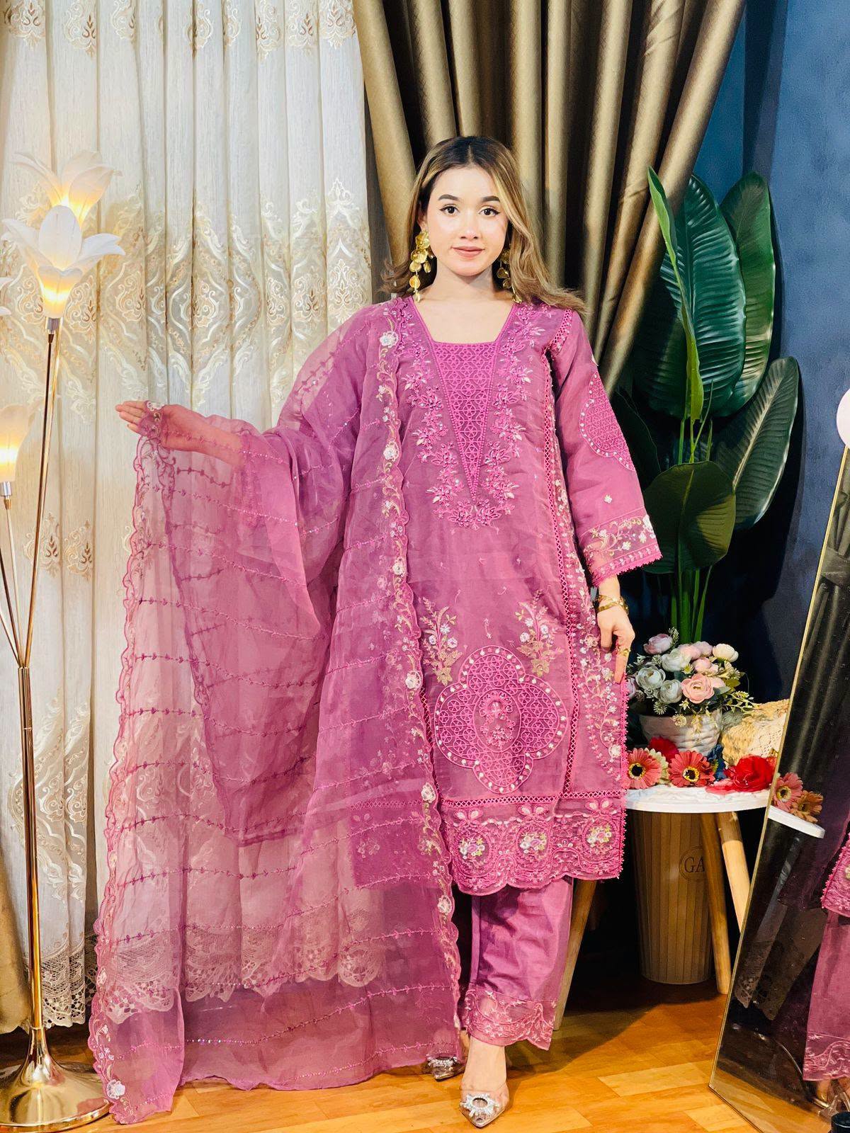 Pakistani Inspired Stitched Seroani Parsi Cut 3 Piece Kamiz Set Pink